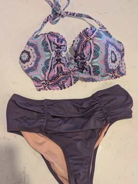 Victoria's Secret Bikini Set 32DD Halter Top/Small Ruched Mid Waisted Bottoms